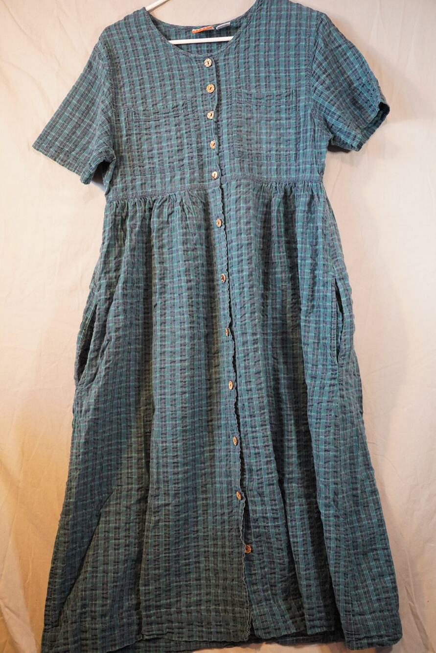 Vintage 90s Plaid Seersucker Dress Pockets Cottagecore Baxter Wells PM